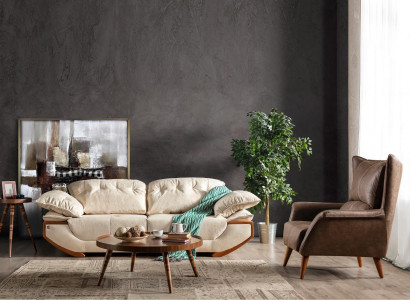 Bílo-hnědý obývací pokoj s designovým třísedákem a luxusním křeslem